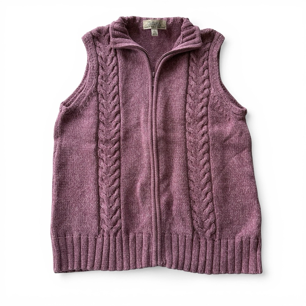Vintage Cabela's Zip Vest Cable Knit 100% Cotton Purple Hong Kong Women's L